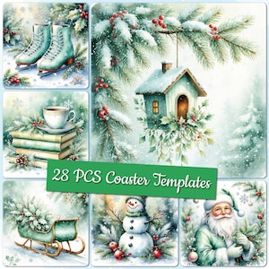 May include: Watercolor illustrations of winter scenes, including ice skates, a birdhouse, a cup of coffee on books, a sleigh, a snowman, and Santa Claus. The text "28 PCS Coaster Templates" is displayed on a green banner.