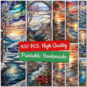 100 pezzi di segnalibri in vetro colorato stampabili, set di modelli di segnalibri in vetro colorato, design di segnalibri in vetro colorato digitale, natura e paesaggio