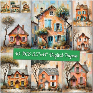 Whimsical House Art Pages Cute House Digital Sublimation Designs Mixed Media Old Houses  Digital Papers Rustic Grunge Junk Journal Papers