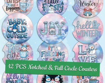 May include: Twelve winter-themed coasters featuring various designs with gnomes, snowmen, and winter-related text. The coasters are in a blue and white colour scheme with a snowflake pattern. The text on the coasters includes "Flannels Lattes and Leggings", "Feeling a Little Frosty", "Hello Winter", "Baby It's Cold Outside", "Joy", "Hello Winter", "Tis the Season", "It's Freezing Season", "Love", "Let it Snow", "Blessings", and "Tis the Season".