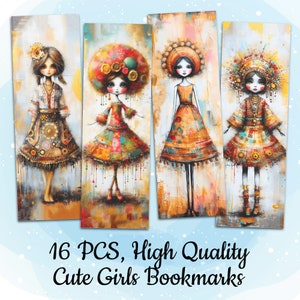 May include: Set of four colorful bookmarks featuring illustrations of girls in various styles and outfits. Each bookmark has a unique design with intricate details and a whimsical feel. The bookmarks are perfect for adding a touch of personality to any book.