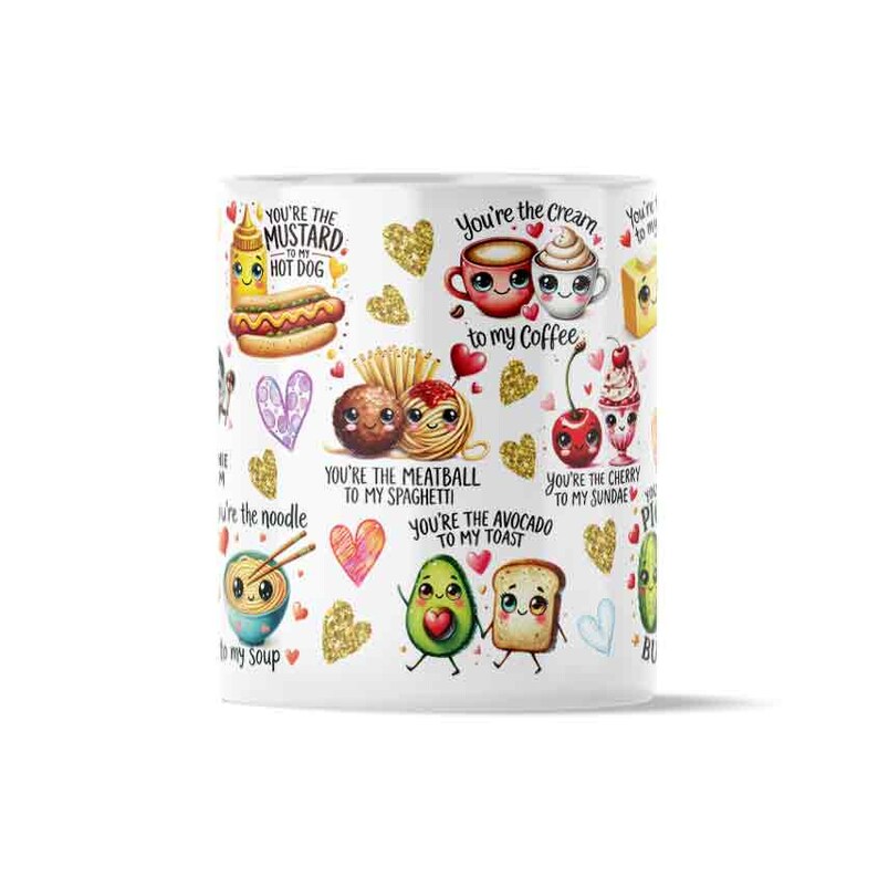 May include: White ceramic mug featuring colorful illustrations of food pairings with text. The mug includes images of a hot dog, coffee, spaghetti, toast, and more, with phrases like "You're the Mustard to my Hot Dog."
