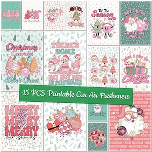 May include: A collection of 15 printable car air fresheners with retro Christmas designs. The designs feature festive illustrations, including Santa Claus, Christmas trees, and holiday phrases in pink, green, and white.