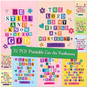 May include: A collection of colorful car air fresheners with inspirational quotes. The designs feature phrases like "Be Still and Know That I Am God" and "The Lord Is My Refuge." Each design includes floral and heart accents.