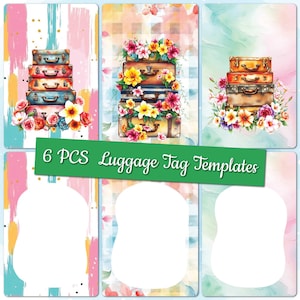 May include: Six luggage tag templates with watercolour backgrounds. Each tag features a stack of vintage suitcases adorned with flowers. The tags have a white space for personalization and the text "6 PCS Luggage Tag Templates".