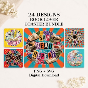 Könnte beinhalten: Ein digitales Set mit 24 Untersetzer-Designs, die buchbezogene Illustrationen und Texte wie "SIP READ REPEAT", "PAGES HAVE POWER", "LOST IN A GOOD BOOK", "BREW & BOOKS" und "SIP INTO STORIES" in farbenfroher Collage-Grafik zeigen.