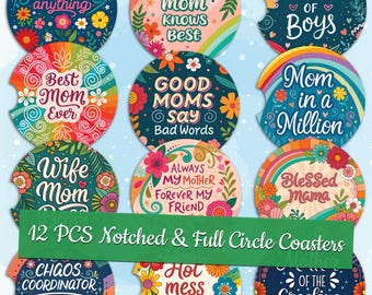 Plantillas de posavasos para coche con frases de mamá, diseños de sublimación de posavasos divertidos para mamá, paquete de posavasos PNG para el Día de la Madre, paquete de posavasos para coche con frases divertidas para mamá