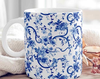 11 oz & 15 oz Chinoiserie Mug Template Blue Chinoiserie Mug Design Toile Mug Sublimation Design Chinoiserie Mug Wrap