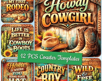 Posavasos cuadrados del oeste PNG, paquete de posavasos de vaquera, diseños de posavasos del oeste PNG, paquete de posavasos cuadrados del suroeste