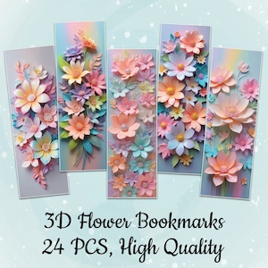 Puede incluir: Cinco marcapáginas rectangulares con diseños florales en 3D en colores pastel. Cada marcapáginas presenta una disposición diferente de flores en tonos rosa, melocotón, amarillo y azul. El texto "3D Flower Bookmarks 24 PCS, High Quality" está en la parte inferior.