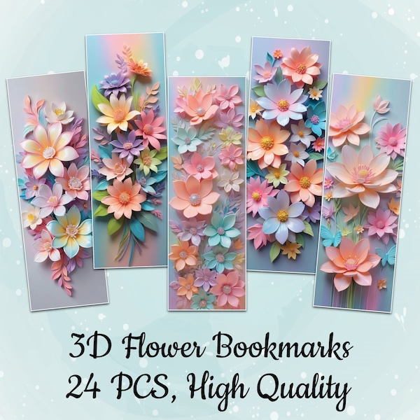 24 Pcs Printable 3D Flower Bookmark Templates Digital 3D Floral Bookmark Bundle 3D Bookmark Sublimation Designs Floral Digital Bookmark Set