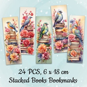 Puede incluir: Conjunto de 24 marcapáginas coloridos con pilas de libros con pájaros posados en la parte superior. Cada marcapáginas mide 15,24 cm por 45,72 cm y presenta un pájaro y un diseño floral diferente.