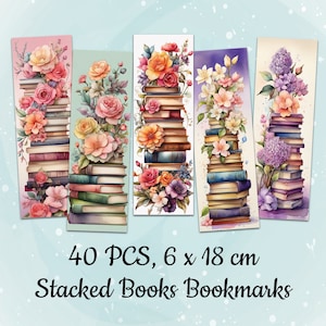Puede incluir: Conjunto de 40 marcapáginas coloridos con pilas de libros con detalles florales. Cada marcapáginas mide 15,24 cm por 45,72 cm.  40 PCS, 6 x 18 cm Stacked Books Bookmarks