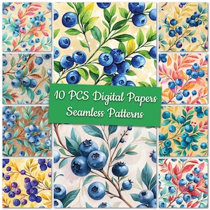 May include: A collection of ten digital papers featuring watercolor illustrations of blueberries and leaves. The designs showcase various arrangements of the fruit and foliage, with a mix of colors including blue, green, and shades of red and yellow. The text "10 PCS Digital Papers Seamless Patterns" is displayed.