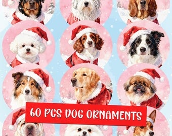 May include: A collection of 60 dog ornaments, each featuring a different breed of dog dressed in a Santa Claus hat and coat. The ornaments are round with a pink background and a winter scene.