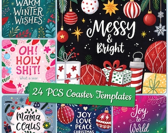 May include: A set of 24 Christmas coaster templates with various designs. The coasters display festive text such as "Warm Winter Wishes" and "Joy to the World", alongside ornaments, gifts, and seasonal graphics. The coasters are square and colourful.
