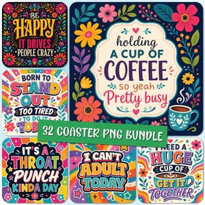 Funny Coaster PNG Bundle, Fun Drink Coasters Set, Sarcastic Quotes Sublimation Designs, Digital Download