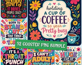 Pacote de PNGs de porta-copos divertidos, conjunto de porta-copos para bebidas, designs de sublimação com frases sarcásticas, download digital.