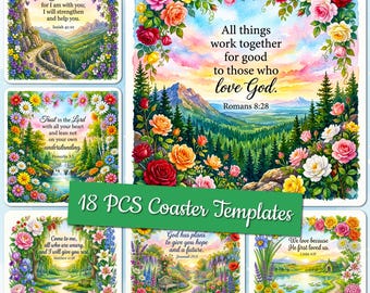 Pacchetto di sottobicchieri con versetti biblici floreali in formato PNG, set di sottobicchieri biblici in formato PNG, pacchetto di sottobicchieri quadrati religiosi, set di sottobicchieri a tema fede