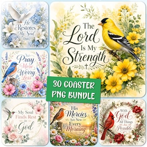 Puede incluir: Una colección digital de seis posavasos cuadrados con ilustraciones de aves y flores con textos religiosos. Los diseños incluyen un jilguero, un azulejo, un colibrí, un petirrojo y un cardenal rodeados de flores con frases como The Lord Is My Strength.