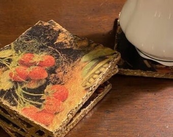 Posavasos "Farmers Market", juego de 6, hecho a mano, aspecto envejecido, 3 1/2" cuadrado, NIB