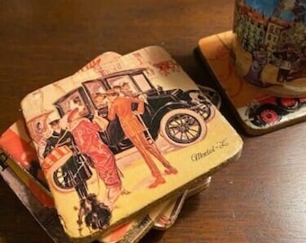 Posavasos "Antique Autos" para bebidas 3 1/2" look envejecido hecho a mano set de 6 NIB