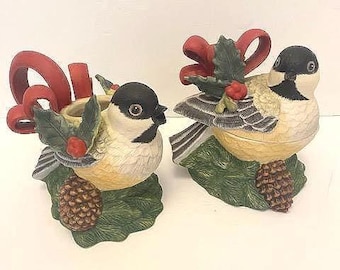 Vintage 1998 Lenox Winter Greetings hand painted signed ceramic Chickadee creamer and sugar