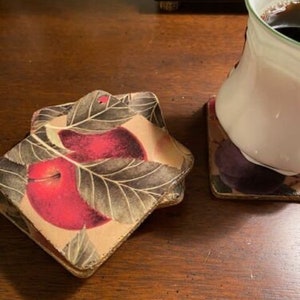 Coasters, &quot;Fruit Salad&quot; handmade set of 6 different scenes 3 1/2&quot; aged look NIB