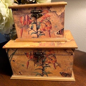 Stacking nesting boxes, Beautifully matched decoupage, hard wood, metal clasp