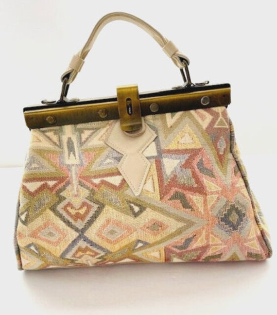 Handbag woven tapestry look neutral colors metal … - image 1