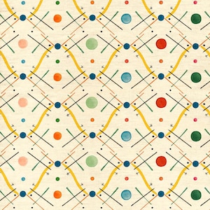 Op de afbeelding: Een herhalend patroon van kleurrijke cirkels en lijnen op een beige achtergrond. De cirkels zijn in tinten rood, blauw, groen en oranje. De lijnen zijn zwart, geel en oranje.