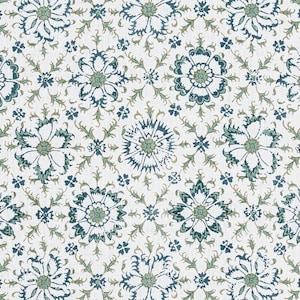 May include: A white background with a repeating pattern of blue and green floral designs.