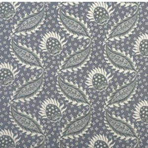 May include: A fabric featuring a repeating pattern of white, stylized, feathery leaf shapes and circular, sun-like floral motifs set against a solid, muted slate-gray background, accented by a small, scattered white four-pointed star pattern.