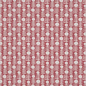 May include: Red fabric with a repeating pattern of white stylized flowers and stems. The floral design is evenly spaced across the fabric, creating a symmetrical and visually appealing texture. The fabric has a slightly textured appearance.