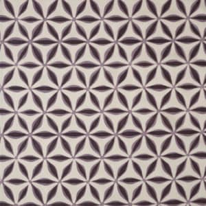 May include: A repeating pattern of stylized floral shapes in shades of purple and dark purple on a cream background. The design creates a geometric, symmetrical arrangement, suitable for fabric or wallpaper.