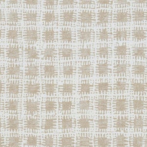 May include: A white fabric with a beige geometric pattern of squares. The squares are made up of small, irregular lines that create a textured look.