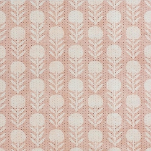 May include: A repeating pattern of stylized white flowers with dotted centers and leaf-like stems on a light pink background. The design is evenly spaced and creates a textured, floral aesthetic.