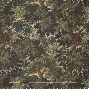 May include: A repeating pattern of dark green and brown leaves on a light beige background. The leaves are arranged in a random pattern, creating a sense of depth and texture. The pattern is reminiscent of a woodland scene.