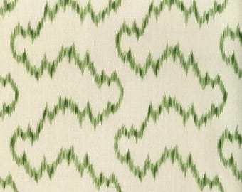 May include: A textile fabric featuring a repeating pattern of jagged, cloud-like shapes in a deep forest green color set against a solid off-white background. The green lines have a soft, blurred edge effect, creating a textured appearance.