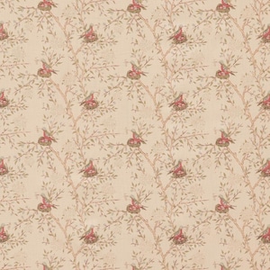 May include: A light beige fabric featuring a repeating pattern of brown tree branches with small green leaves and pink birds sitting in nests. The design is evenly spaced across the textile, showcasing a consistent botanical and avian motif.