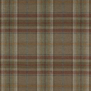 May include: A close-up of a tan plaid fabric with a repeating pattern of intersecting lines. The plaid design incorporates shades of red, green, blue, and yellow. The fabric has a woven texture.