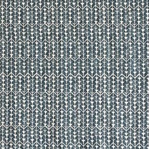 May include: A dark blue fabric with a white geometric pattern of repeating arrows. The fabric has a subtle texture.