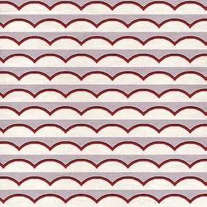 May include: A seamless pattern of alternating rows of red and grey scalloped shapes on a white background.
