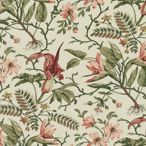 May include: A botanical pattern featuring a cream background with detailed illustrations of pink and red flowers, green leaves, and brown stems. The design includes various floral elements and intricate root structures, creating a vintage aesthetic.