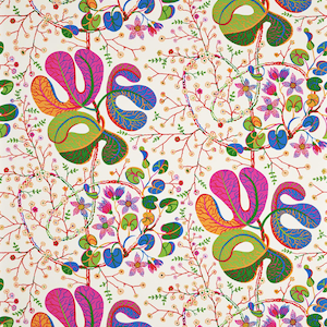 May include: Fabric with a repeating floral pattern. The design features large, stylized leaves in shades of pink, orange, green, and blue, set against a cream background. Delicate branches with small white flowers fill the spaces.