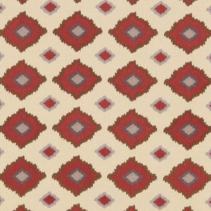 May include: A cream-colored fabric with a repeating pattern of red, brown, and gray diamond shapes.