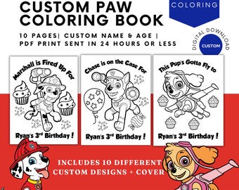 Personalized Paw Dogs Birthday Coloring Book | Printable Paw Birthday Coloring Pages | Paw Party Favors | Done for You Paw Birthday Coloring