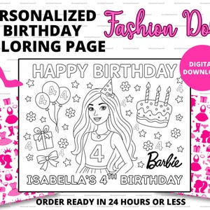 Puede incluir: Una página para colorear en blanco y negro con el texto "PÁGINA PARA COLOREAR DE CUMPLEAÑOS PERSONALIZADA" y "Fashion Doll". La página para colorear presenta una caricatura de una niña, globos, un pastel y el texto "FELIZ CUMPLEAÑOS" y "4º CUMPLEAÑOS DE ISABELLA".