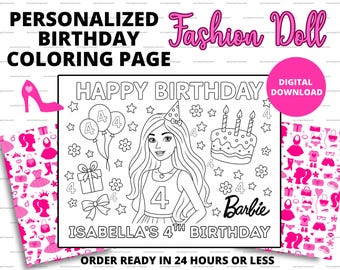 Custom Fashion Doll Birthday Coloring Page | Personalized Doll Birthday Activity | Custom Printable Kids Party Favor | Doll Coloring Sheet