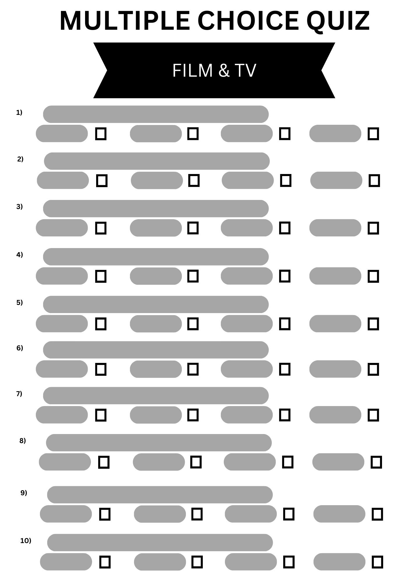 Printable Film & TV Quiz Multiple Choice Trivia Questions Instant